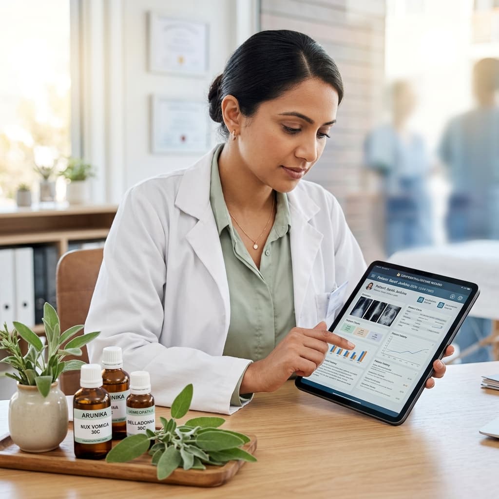 VitaHomeo homeopathic doctor reviewing digital medical reports and prescriptions